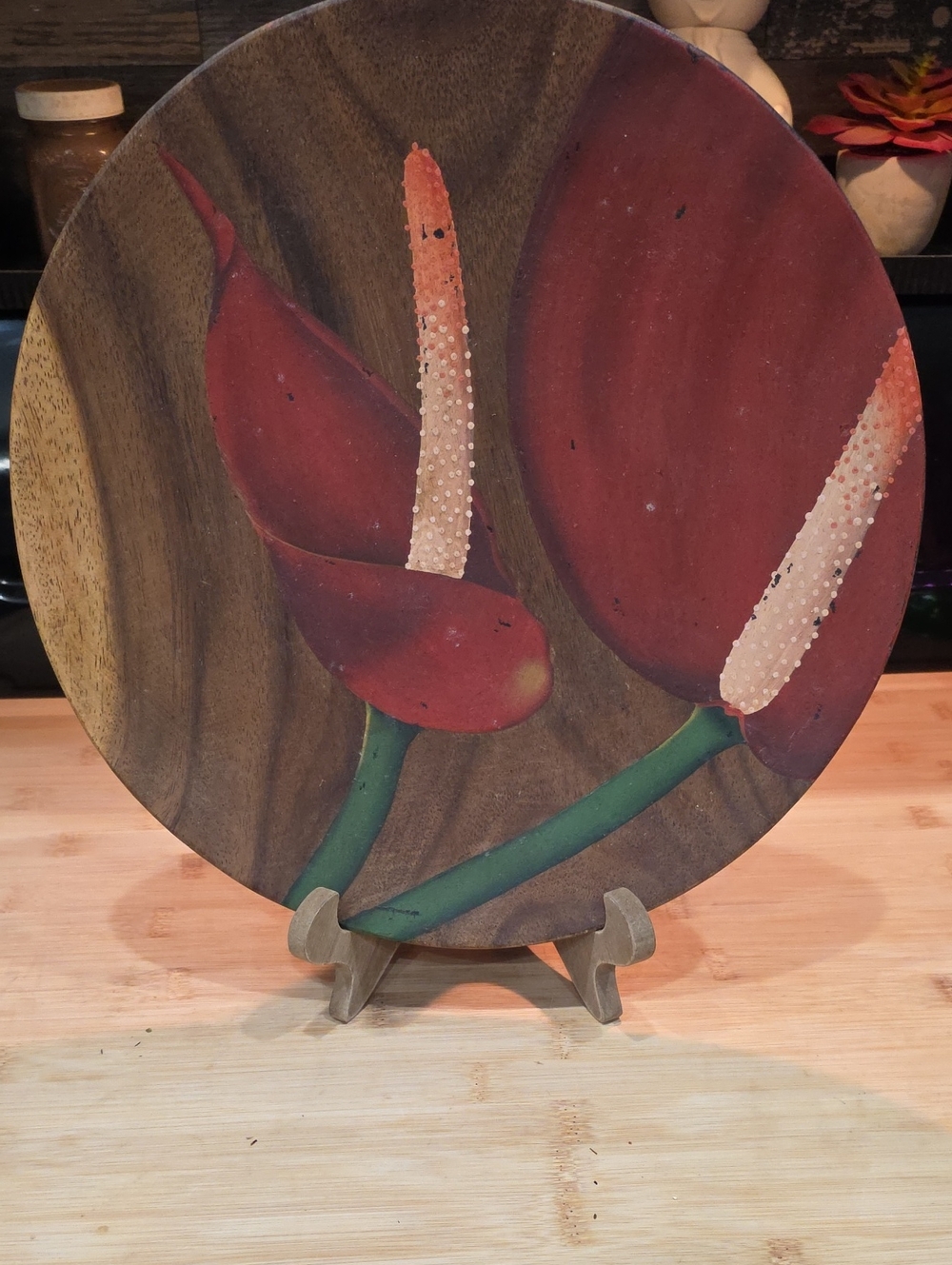 Hand-Painted Red Anthurium Wall Art on Round Wood Panel